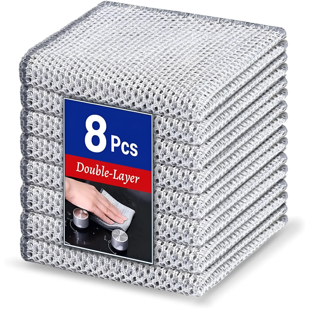 Silver coloured square microfiber scourer pad for cleaning kitchen pots and bowls.