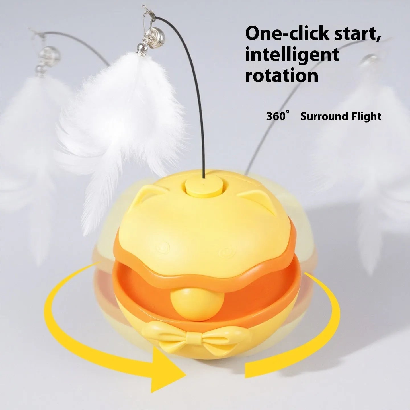 Electric cat toy tumbler teaser wand with LED lights in lemon yellow, sky blue, or soft fog grey.