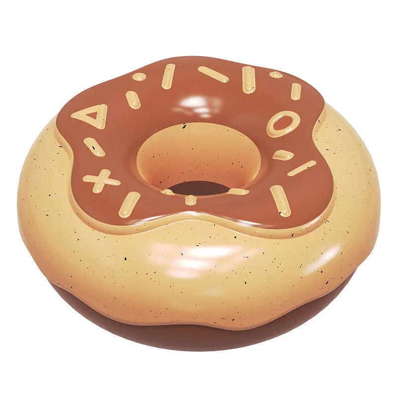 Pink, yellow, and chocolate coloured squeaky donut-shaped dog chew toy for teeth cleaning.