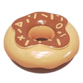 Pink, yellow, and chocolate coloured squeaky donut-shaped dog chew toy for teeth cleaning.