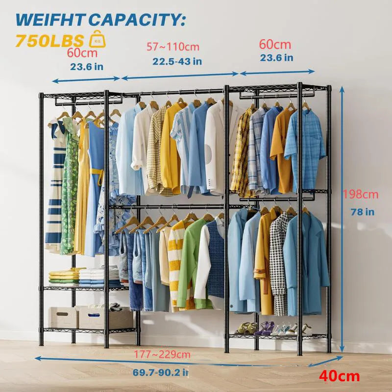Black metal floor storage rack for hanging clothing and trousers
