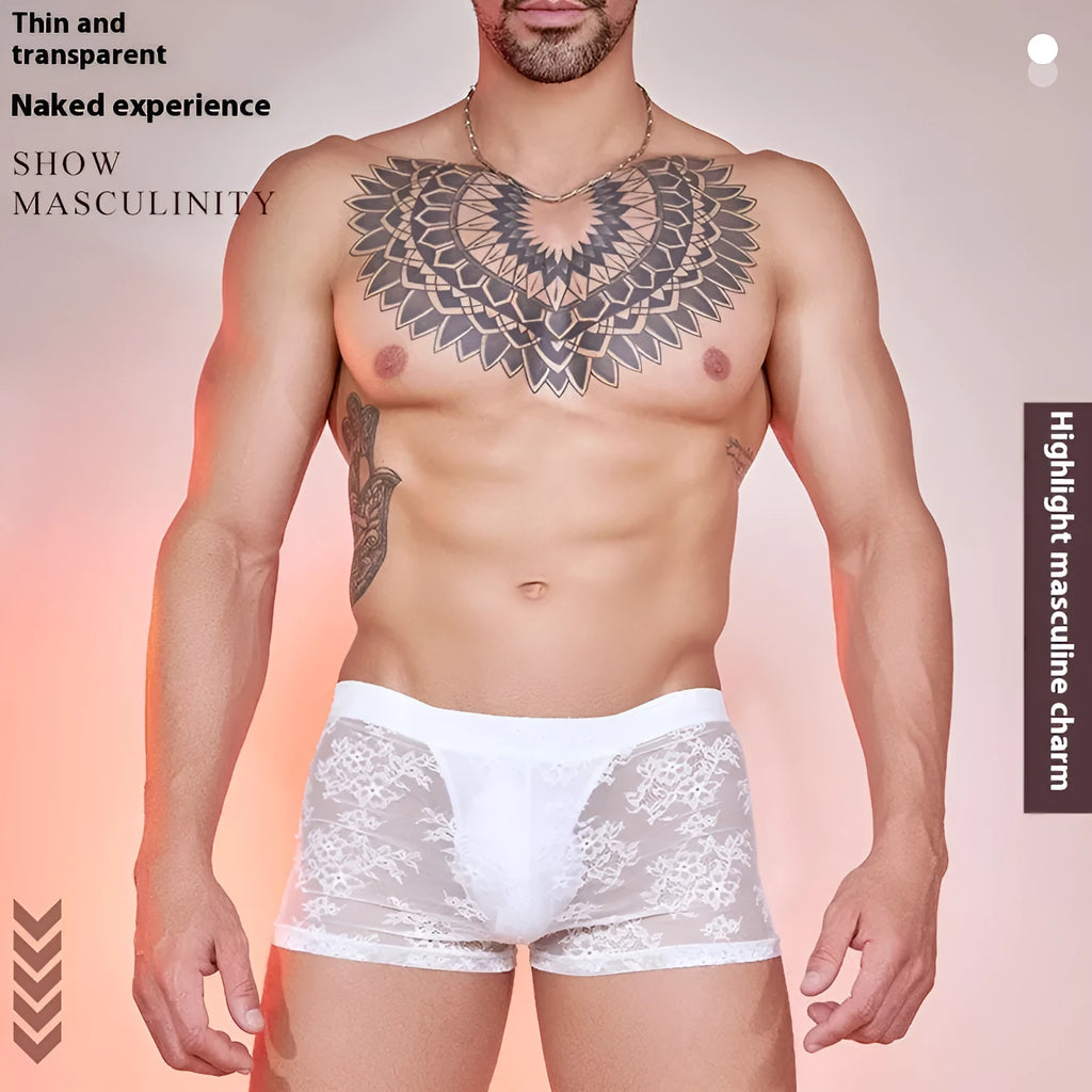 Lace detail men's nylon boxer shorts in black, shown on a white background.