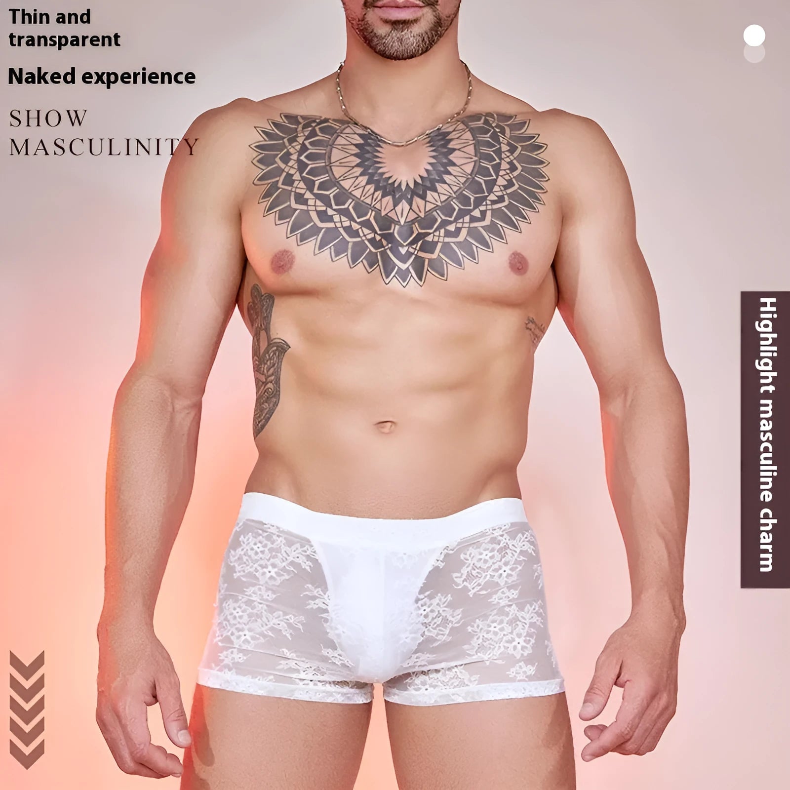 Lace detail men's nylon boxer shorts in black, shown on a white background.