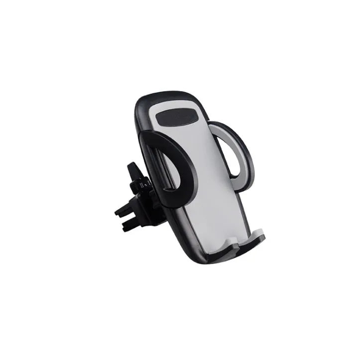 Black plastic mobile phone holder mounted on car air conditioning outlet vent