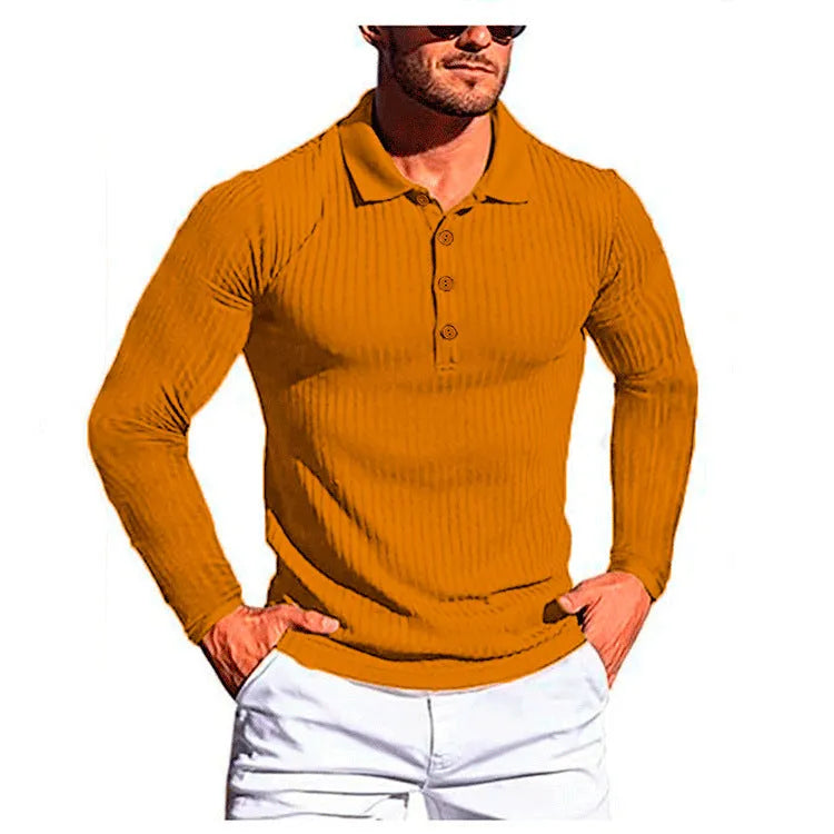 A loose-fit, striped, short-sleeved knit shirt in Army Green colour on a hanger.