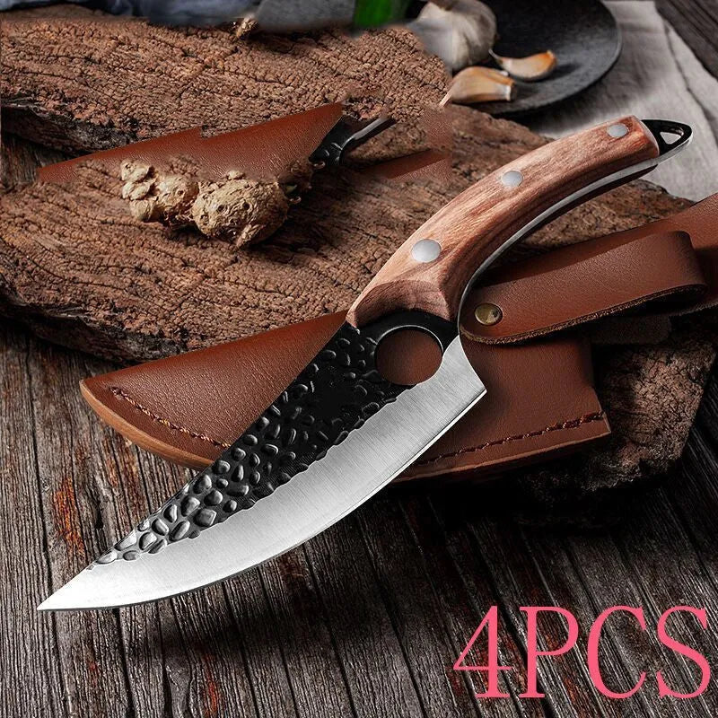 Butcher knife set with curved scimitar blade and straight boning knife in leather sheath