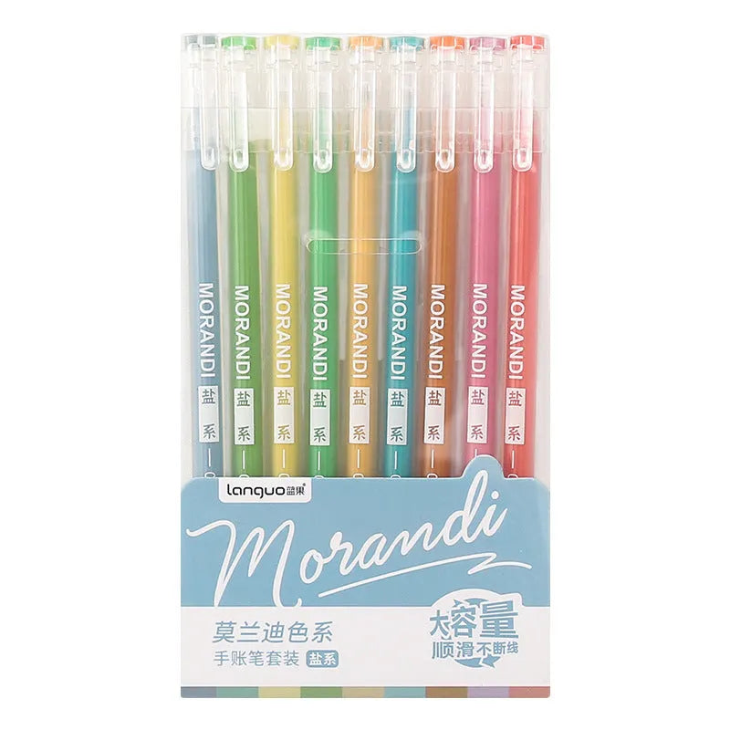 Set of nine retro colour gel pens with 0.5mm tips in a plastic storage case