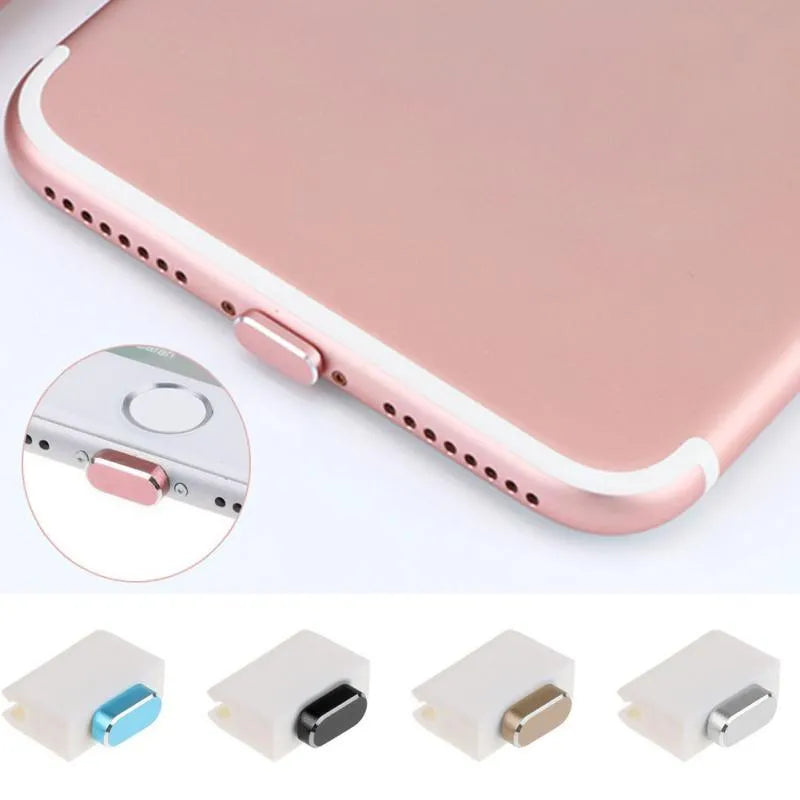 Aluminium alloy mobile phone charging port dust plug for iPhone, shown in multiple colours.