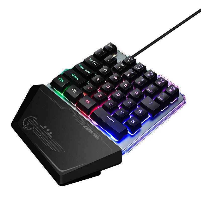 G40 black one-handed mechanical gaming keyboard with RGB backlit keys and a USB cable.