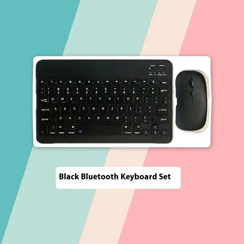 10-inch Bluetooth wireless keyboard and 7-inch mouse set shown in various colours on a desk.