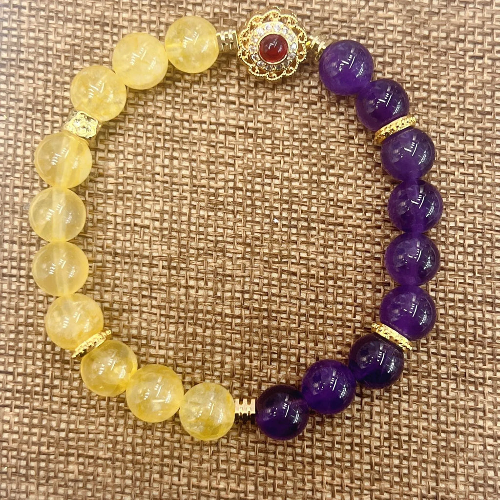 Handmade women's crystal bracelet in yellow and purple colours