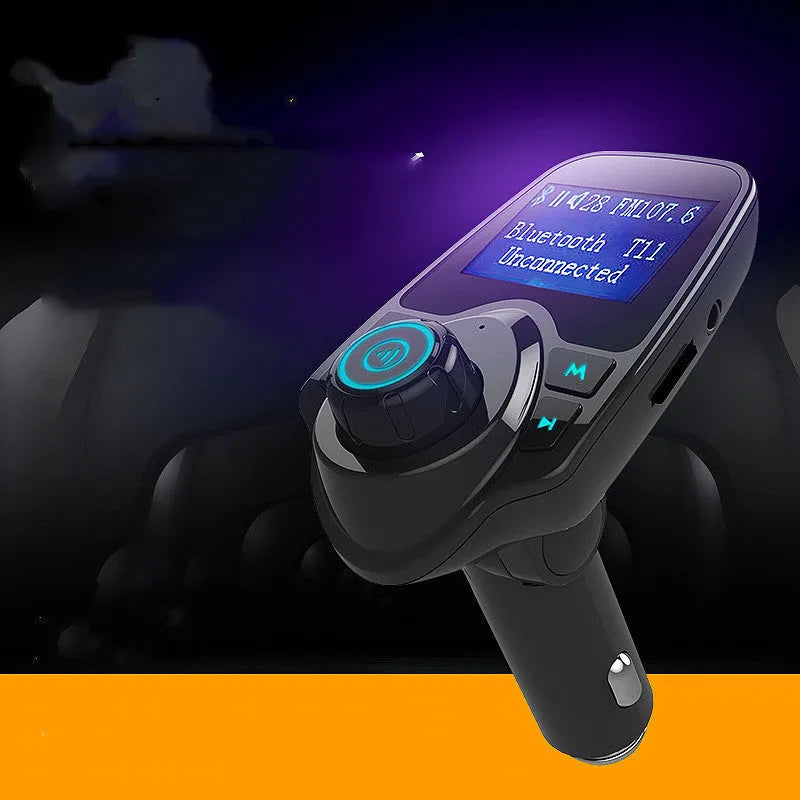 Black car Bluetooth hands-free device with FM transmitter, USB port, and TF card slot for music and calls