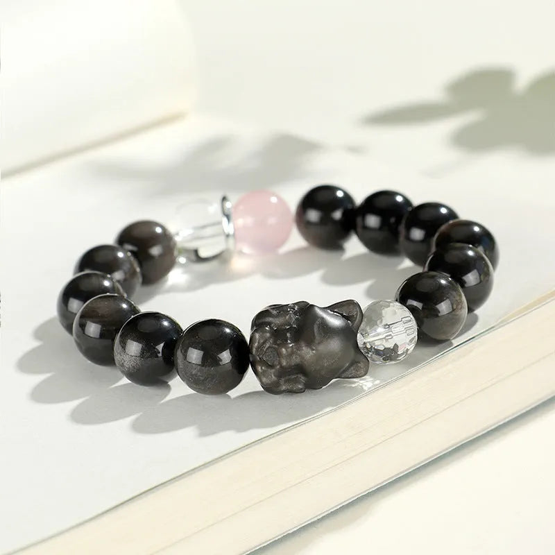 Silver stone crystal beaded bracelet with electroplated setting and choice of fox, cat or planet pendant