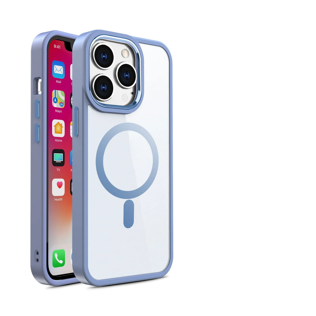A transparent magnetic silicone phone case for iPhone on a table, shown in a solid colour option.