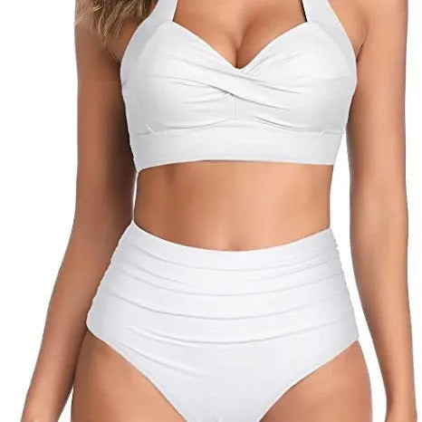 Women's split bow bikini swimsuit on a white background showing colour options