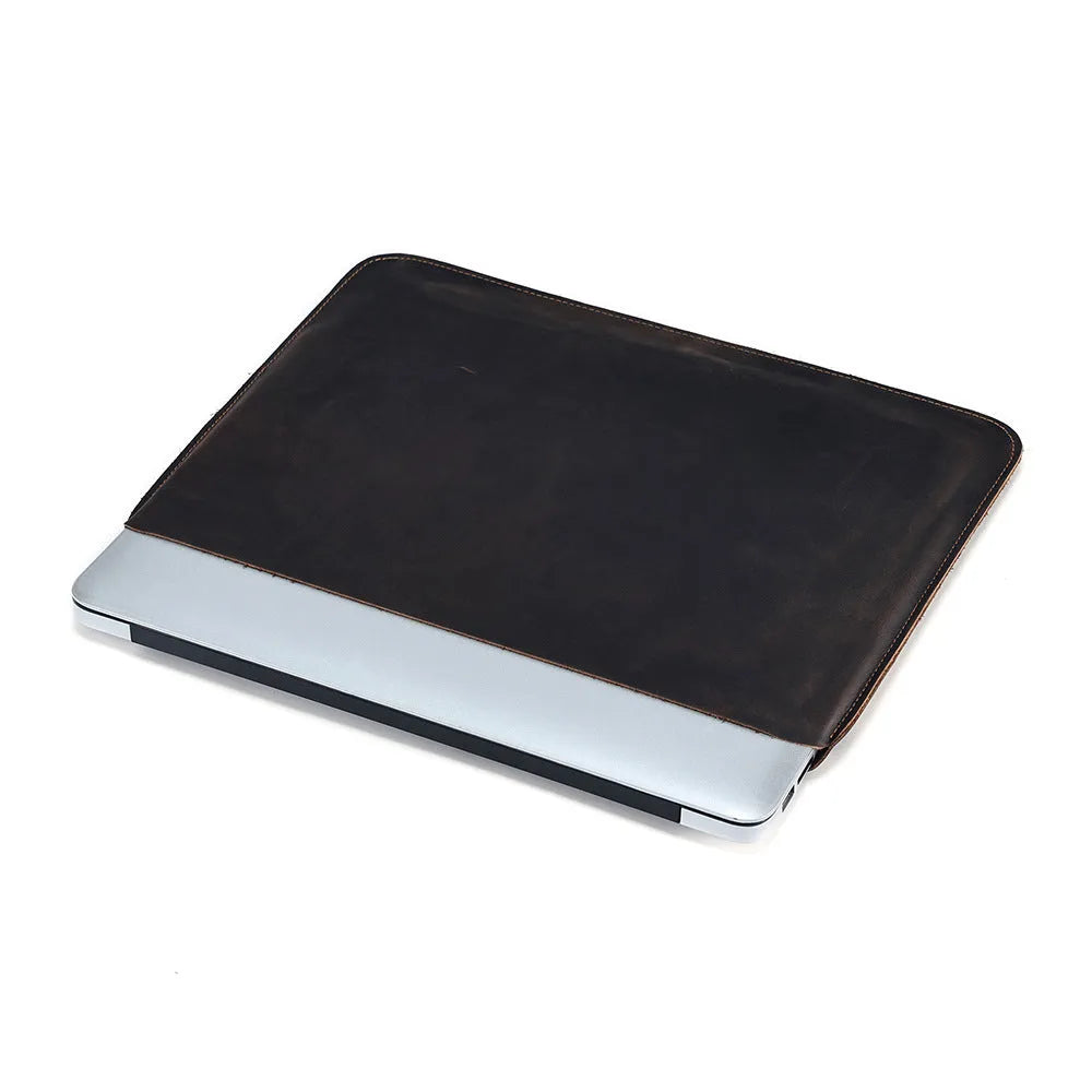 Brown crazy horse leather computer liner bag with cowhide lining in medium and large sizes
