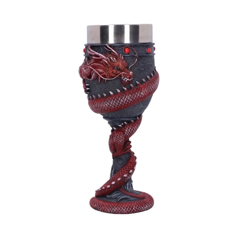 Red wine glass with a detailed gold Chinese dragon 3D design on a stainless steel and resin body.