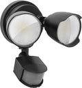 White and black LED human body induction security flood light for wall or ceiling mounting with 21m sensing range.