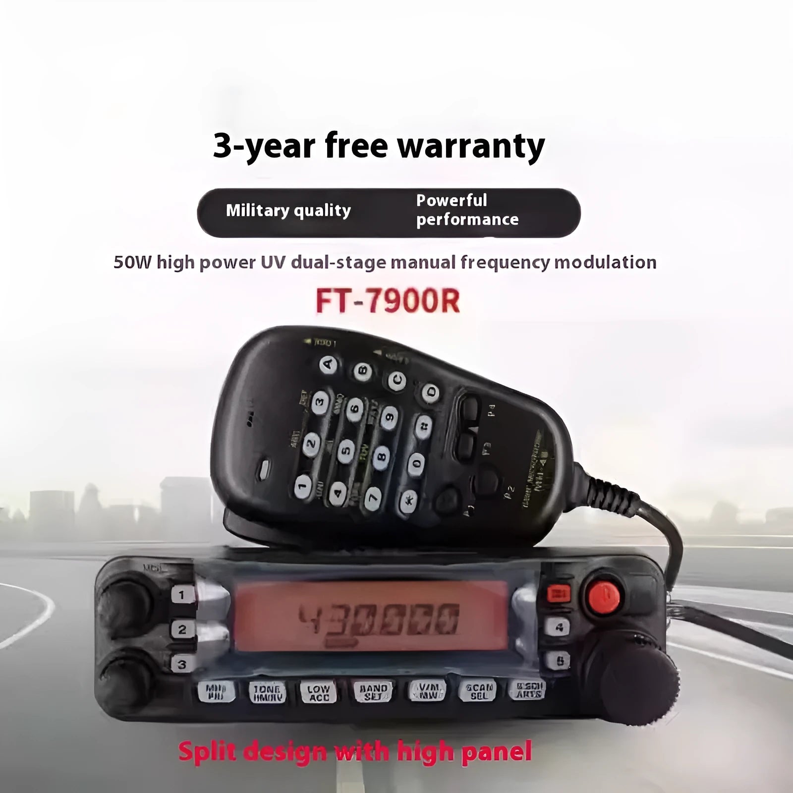 Handheld car radio interphone walkie-talkie with antenna for self-driving tours on a car dashboard.