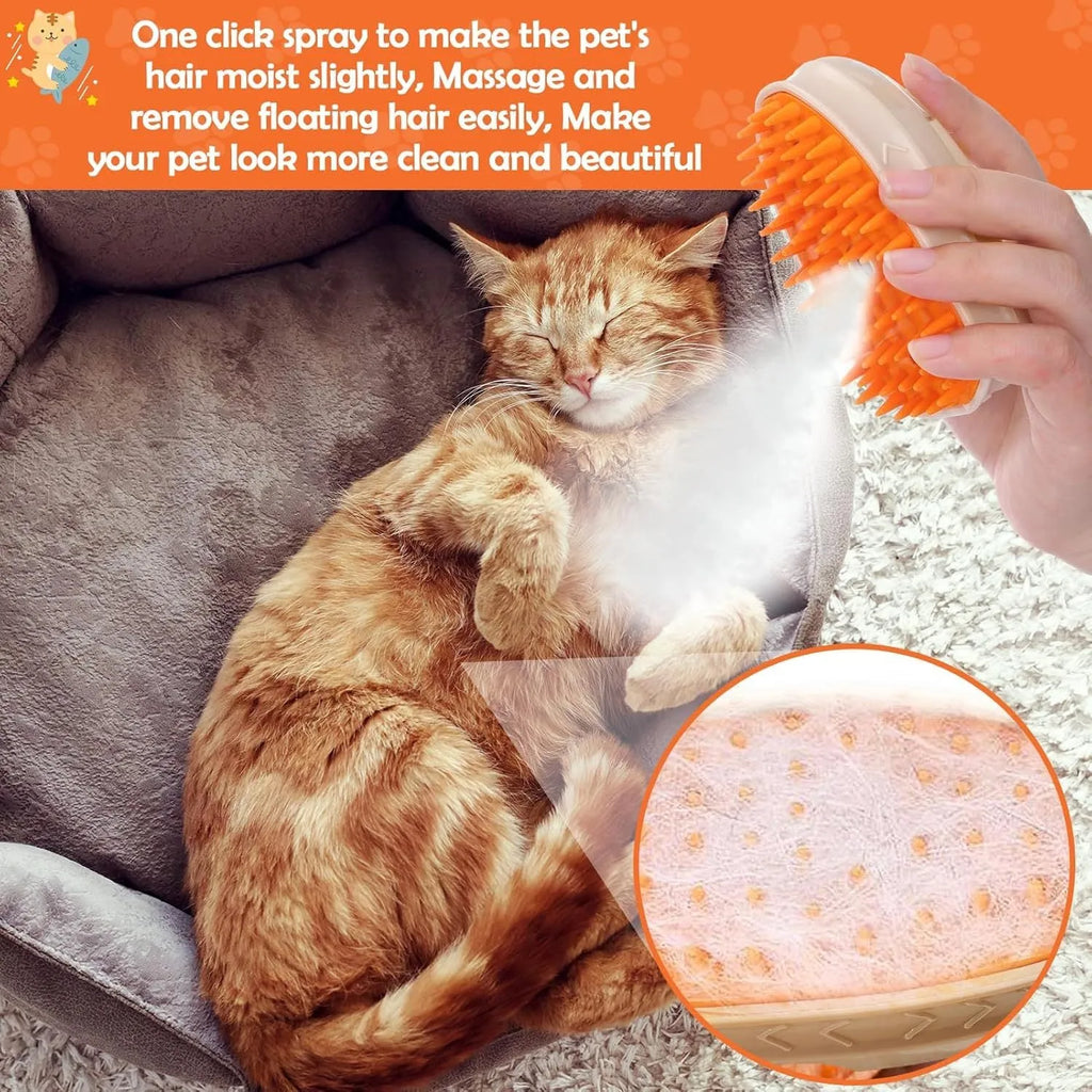 Yellow cat steam brush with silicone teeth, water tank, and ringworm detection lamp for pet grooming