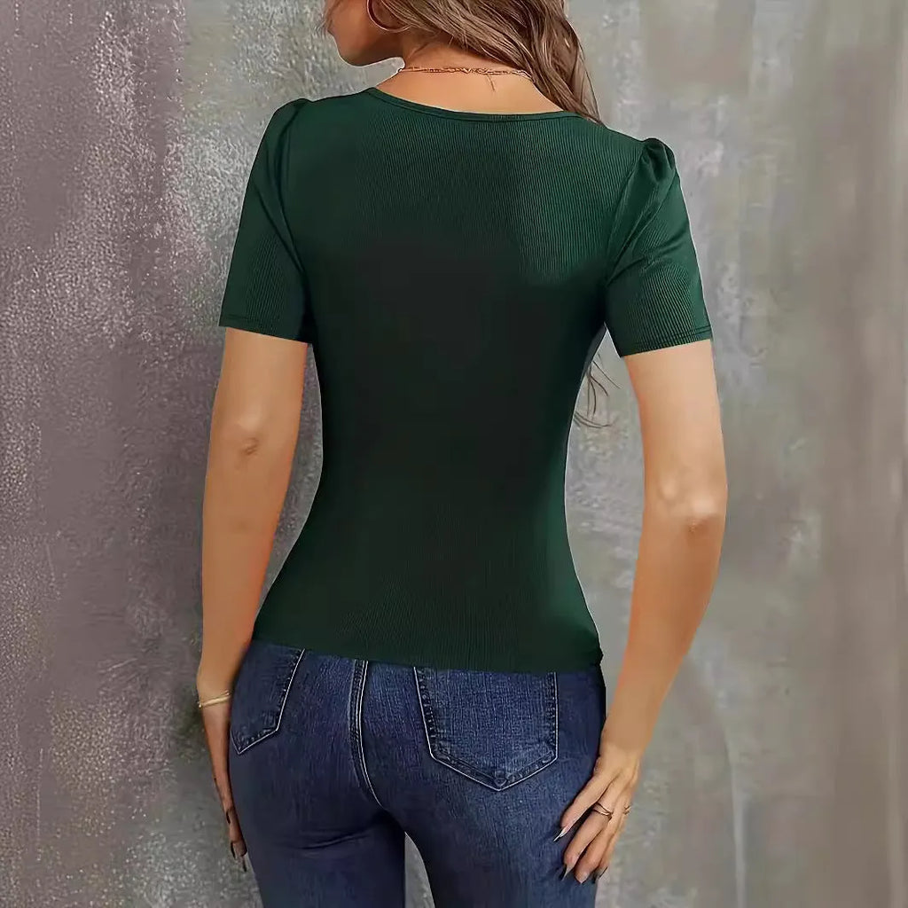 Women's wine red knitted short sleeve pullover with low-neck slim fit design