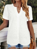 White women's V-neck T-shirt with hollow-out detail and loose casual short sleeves.