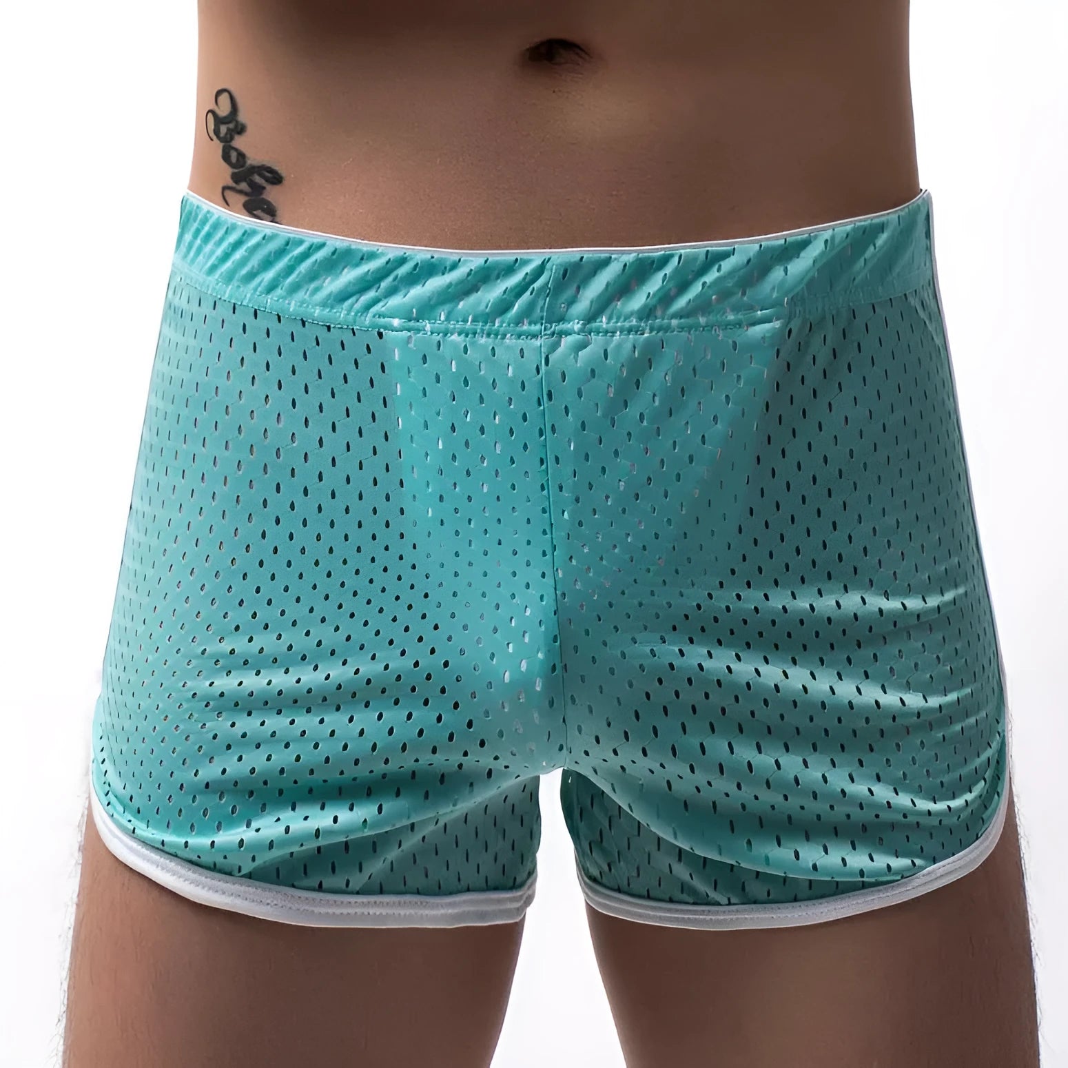 Men's breathable cotton nylon boxer shorts in mid waist style on a white background.