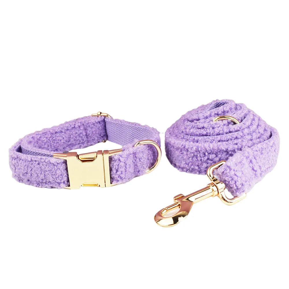 Purple four-piece dog accessory set showing cloth collar, leash, bow, and vest for small dogs