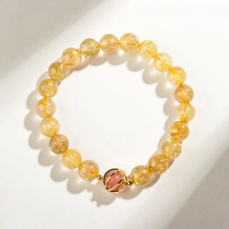 Citrine and gold rutilated quartz crystal bracelet in Korean style with diamond shapes