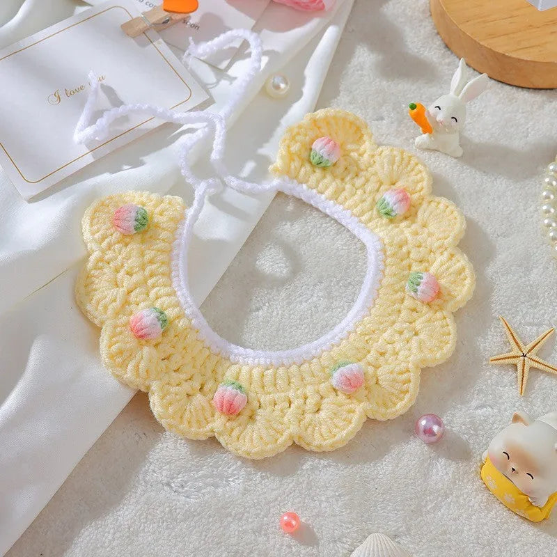 Handmade woven wool cat collar with British Shorthair embroidery and bell bow in pink colour