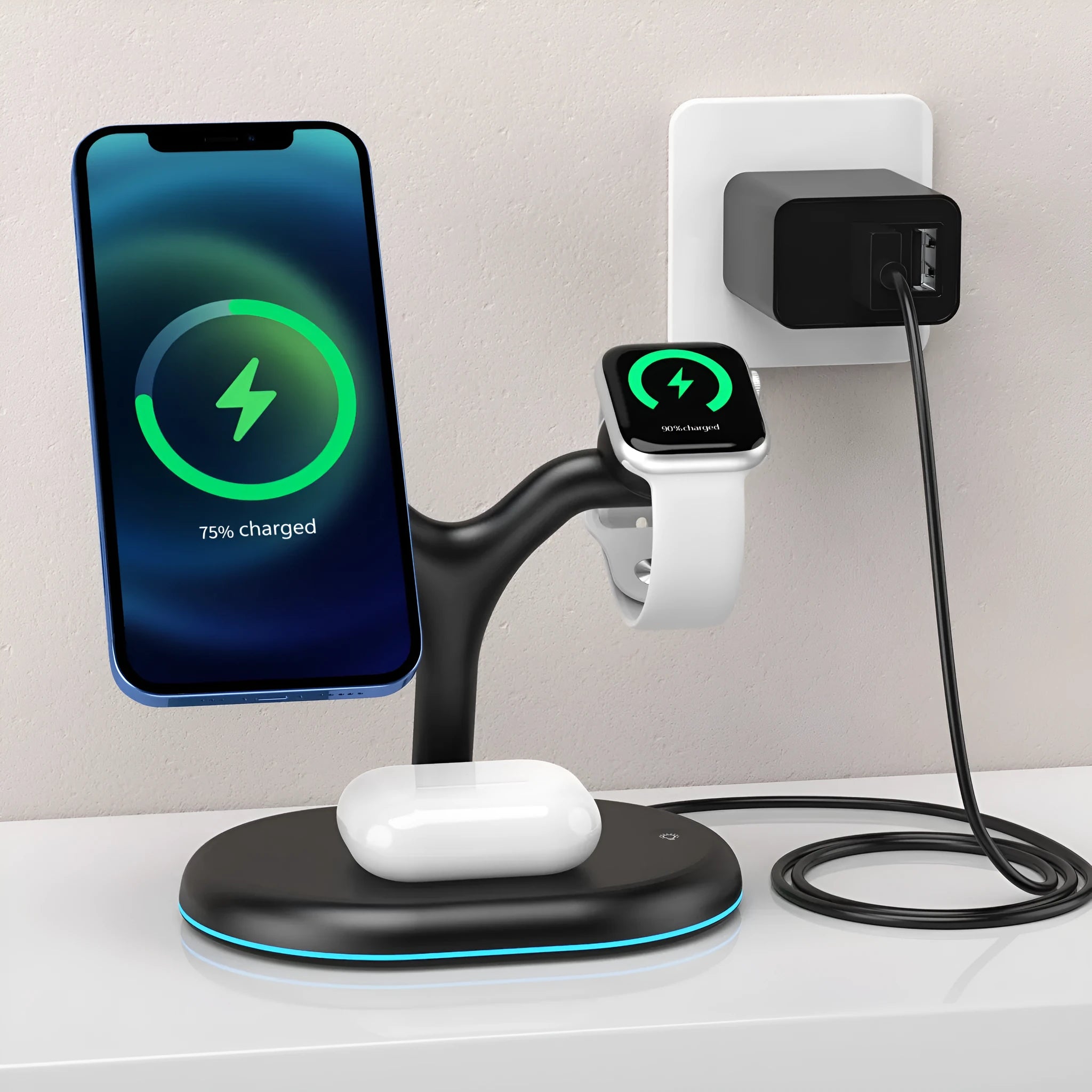 Black three-in-one magnetic wireless charger for smartphones on a plain surface