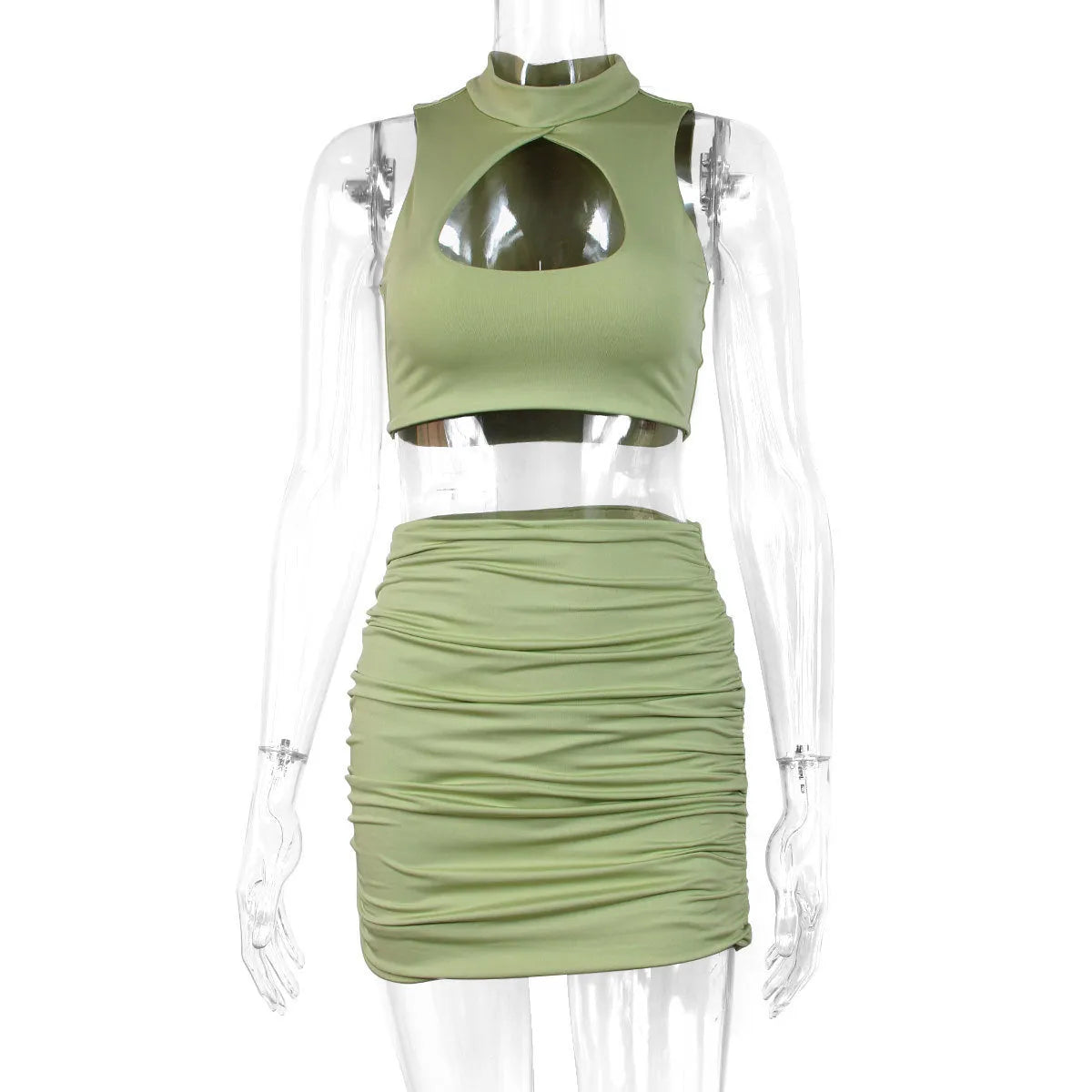 Light purple women's two-piece set with hollow vest and split hip skirt