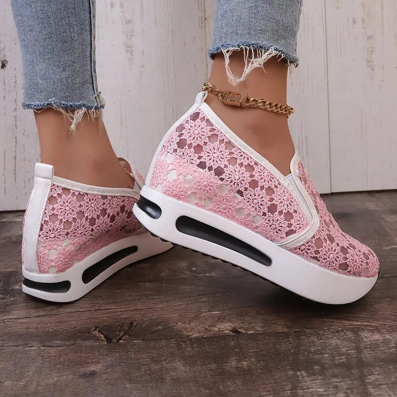 Lace mesh women's flat shoes with inner heightened platform, round toe, satin upper, pink and white colours