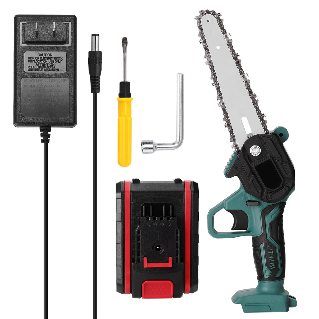 Black one-hand mini electric chainsaw with a 4-inch guide bar on a workbench.