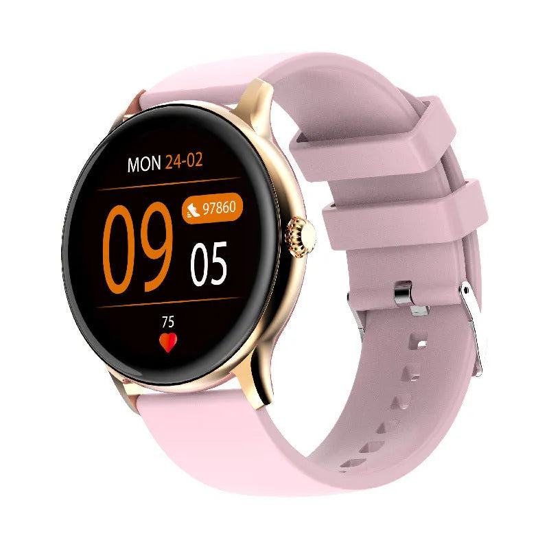 Smart Bluetooth sports watch with round screen for blood pressure and heart rate monitoring on a silicone wristband.
