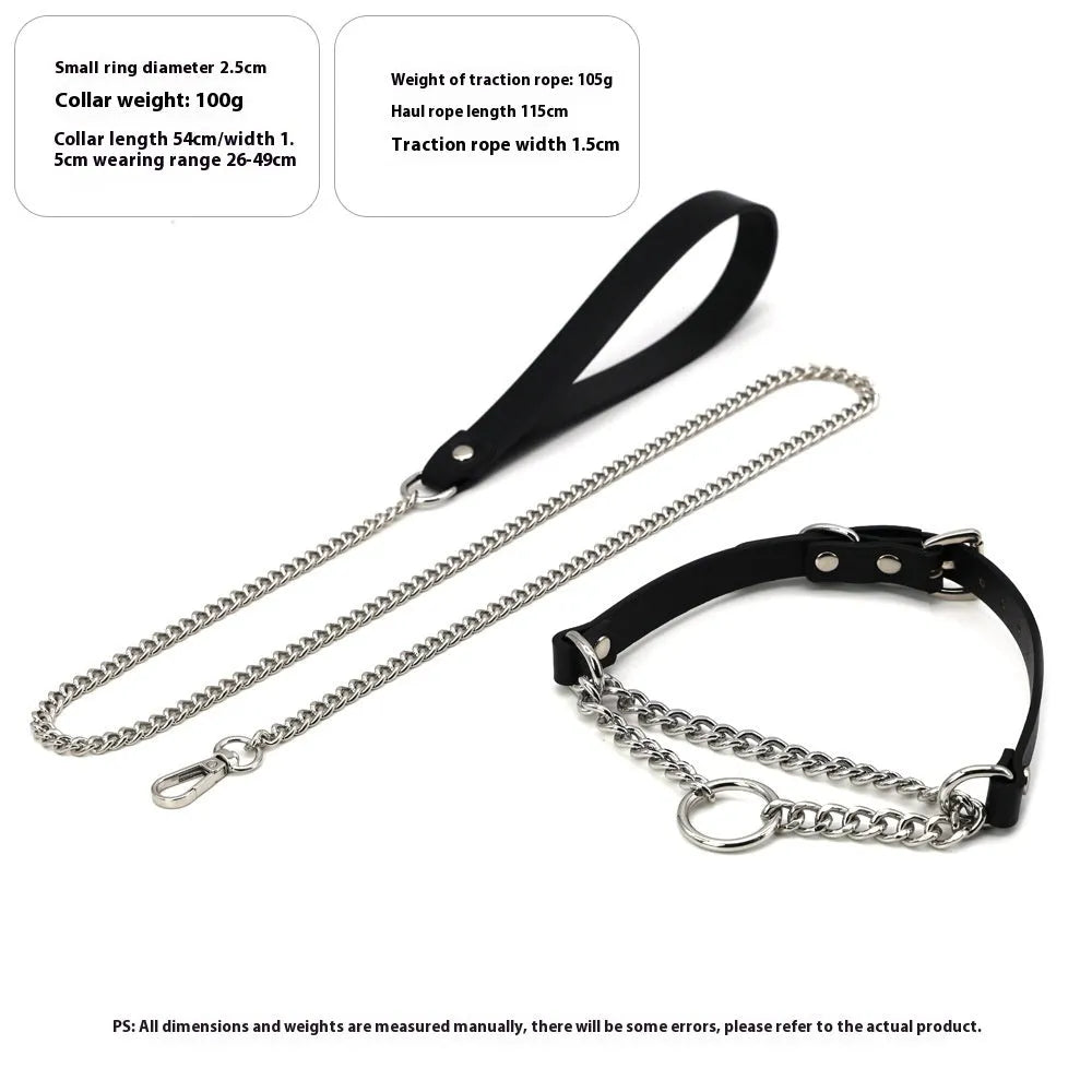Black leather adjustable collar and matching leash with a hand grip rope.