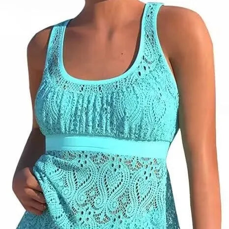 Women's conservative hollow out two-piece swimsuit set in a solid colour, showing sleeveless top and briefs.
