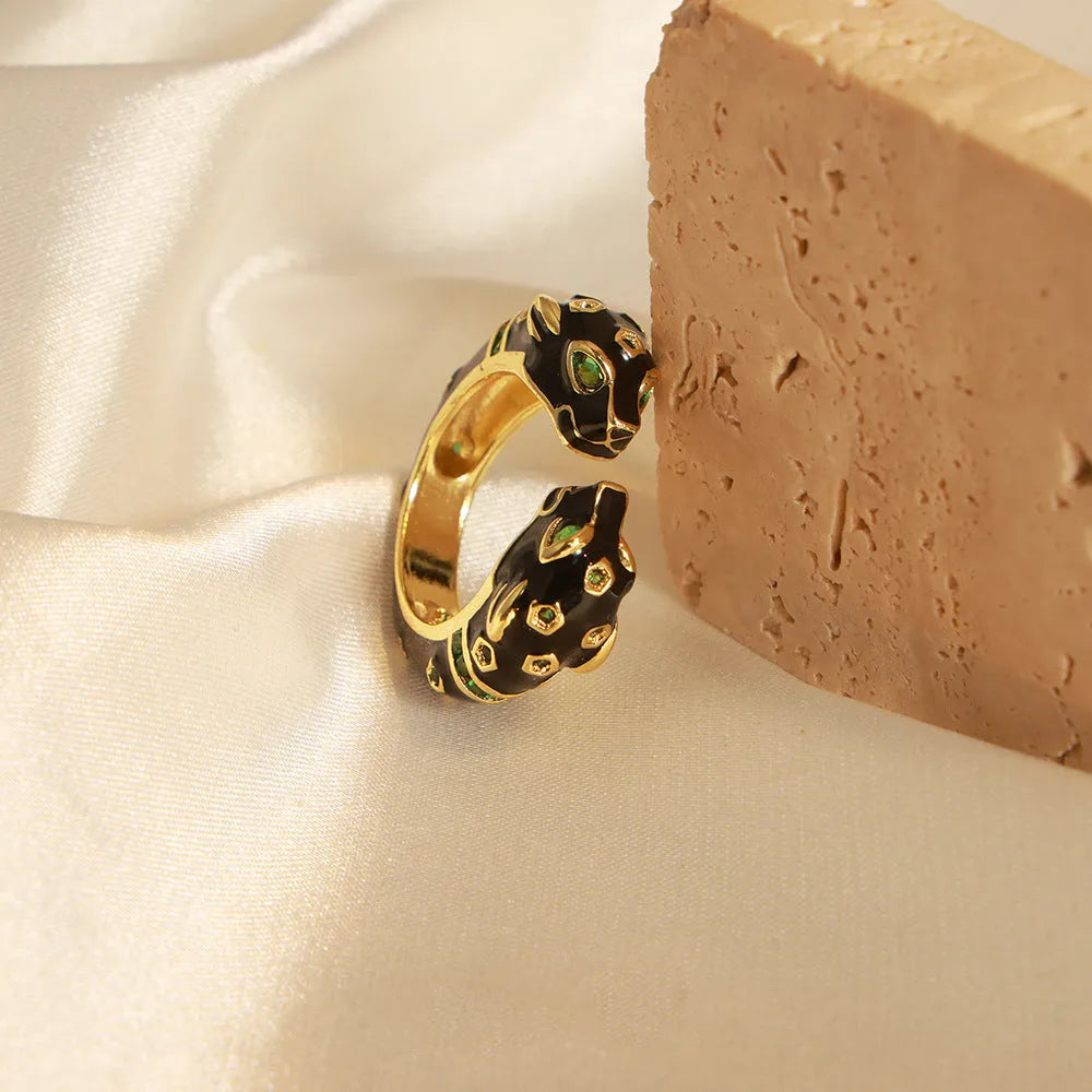 Black cheetah print geometric open ring for women, size 7, electroplated copper construction