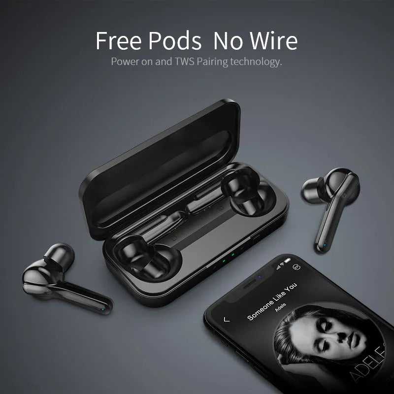 Black plastic TWS wireless earbuds with Bluetooth 5.0 and IPX5 waterproof rating.