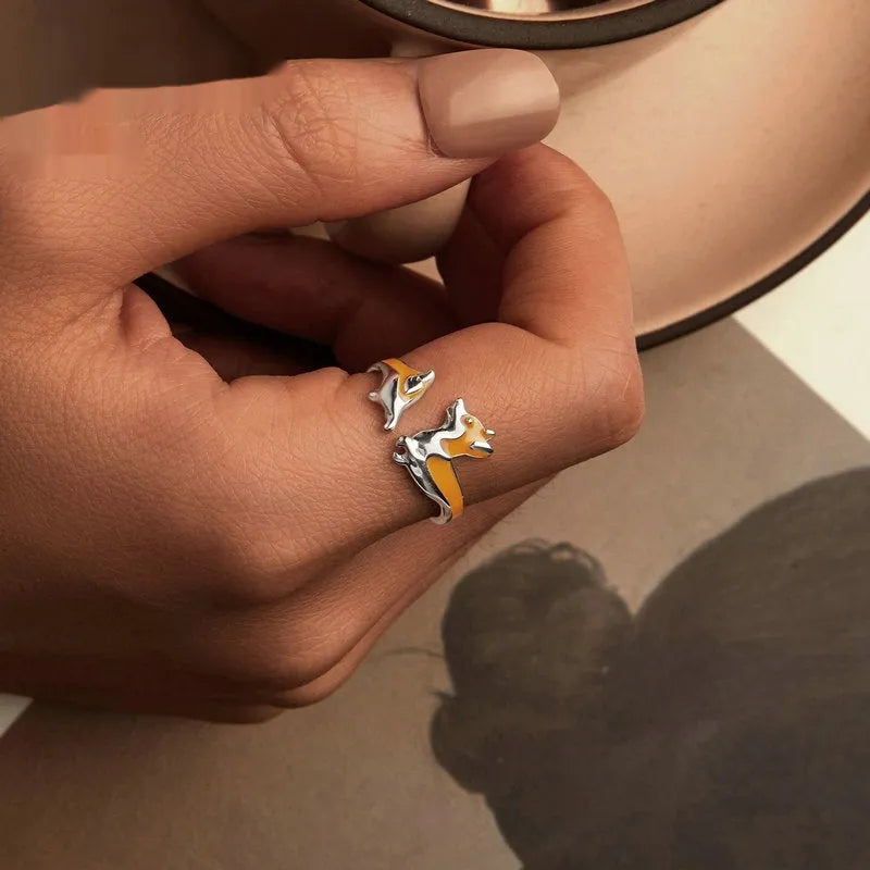 Silver cartoon corgi dog ring with electroplated SCR1014-E colour finish for women