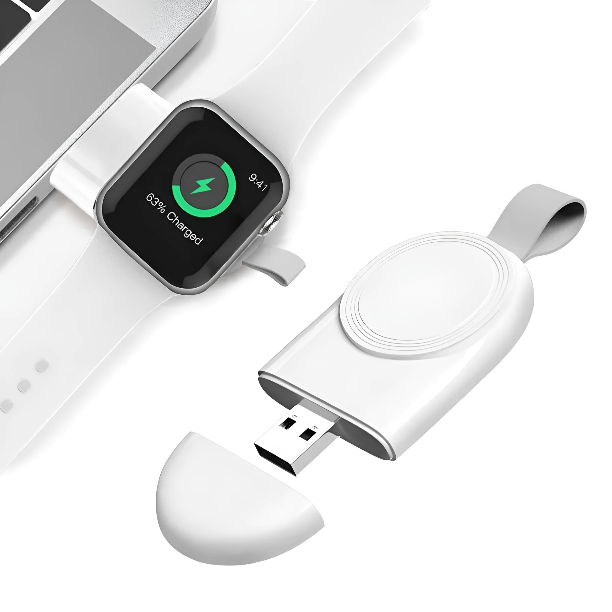 White portable wireless charging dock station for Apple Watch with USB cable.