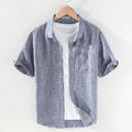 Men's linen shirt with square collar and short sleeves in raw jute colour