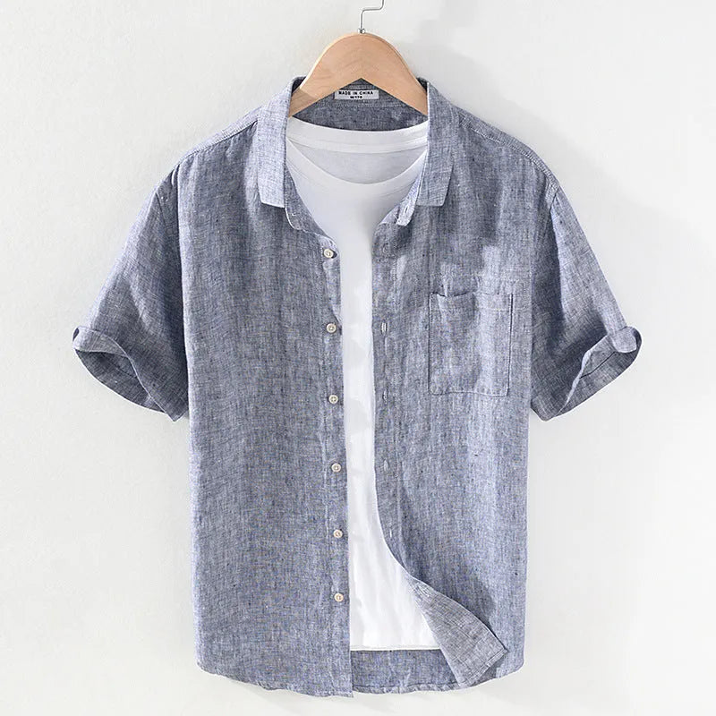 Men's linen shirt with square collar and short sleeves in raw jute colour