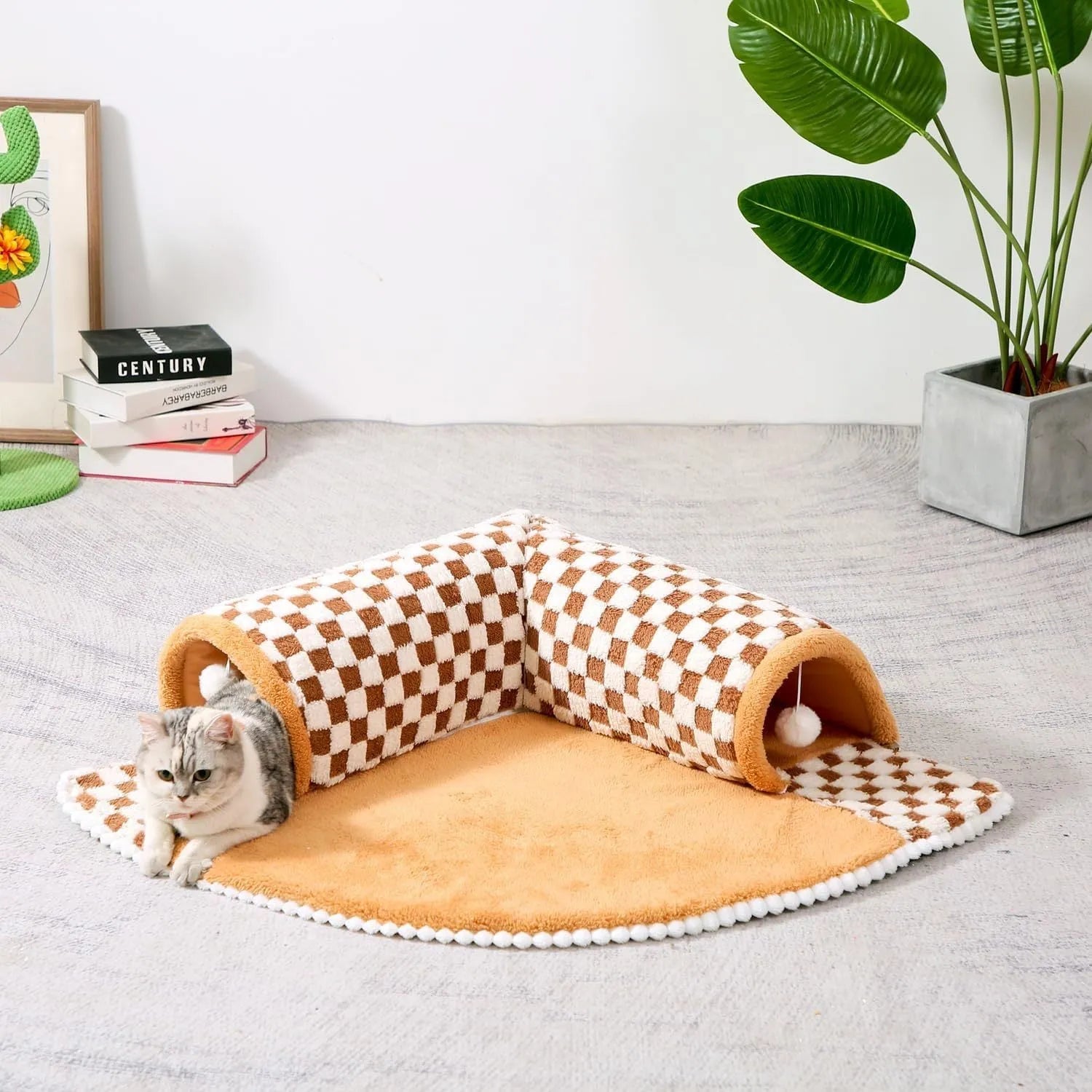 XL fan-shaped plush pet bed tunnel in a plaid pattern, showing a thick mat and tunnel opening.