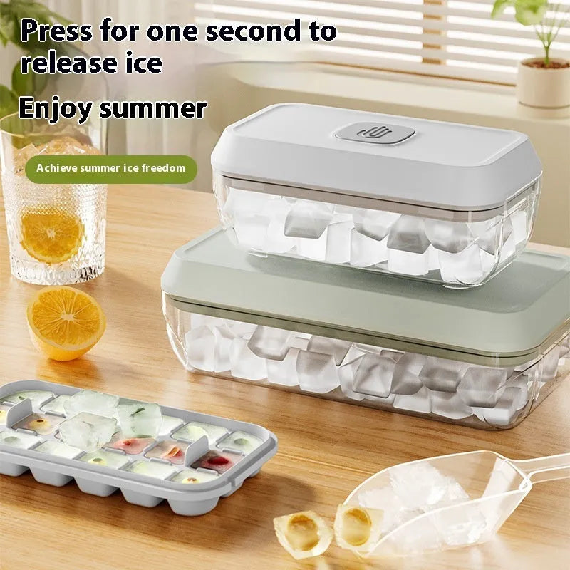 32 grid plastic ice cube tray with lid, storage box, and spatula in corn yellow colour