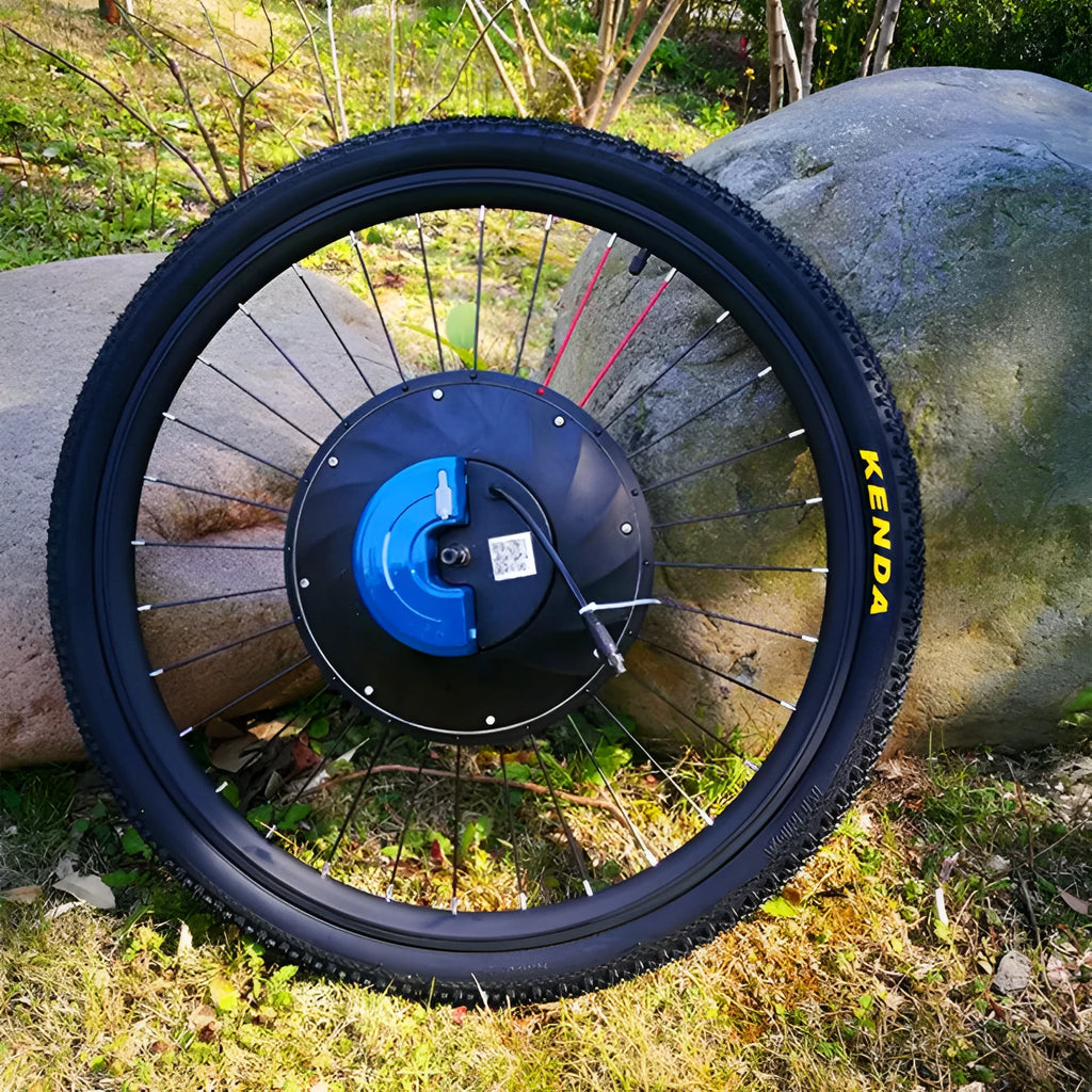 Bicycle electric conversion kit showing hub motor and lithium battery for 26-inch wheels