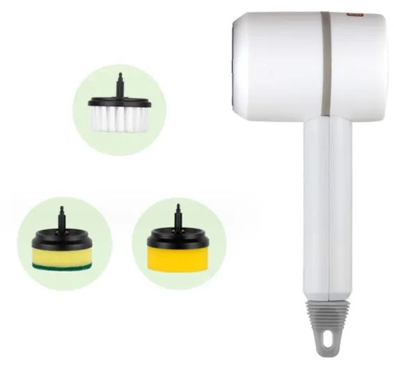 White rechargeable electric cleaning brush with multiple scrubber heads on a kitchen worktop.