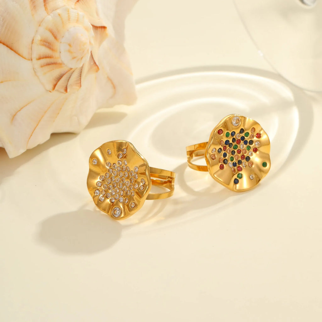 Adjustable open mouth ring with pleated geometric design and colour diamond accents on titanium-finished stainless steel