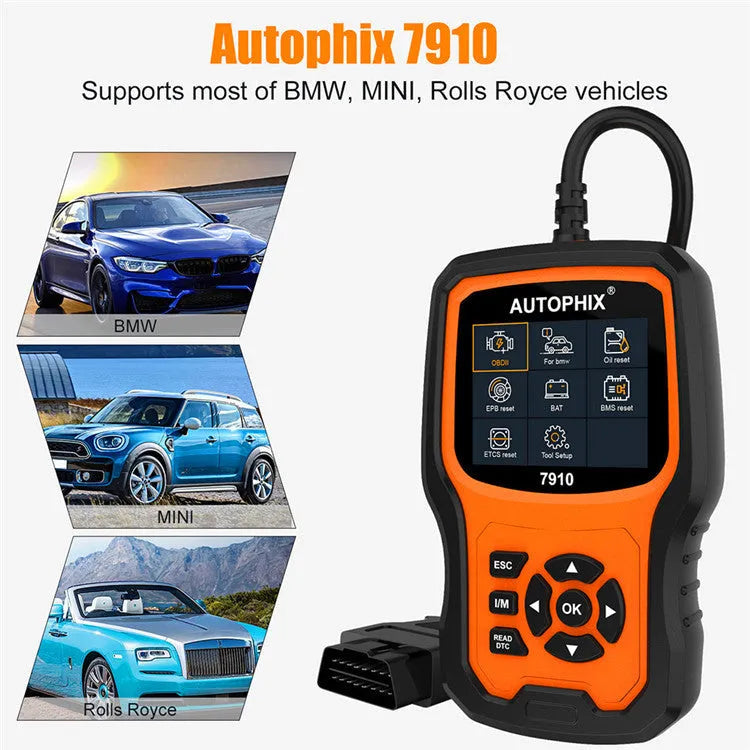 Autophix 7910 BMW OBD2 diagnostic scanner tool on a workshop bench