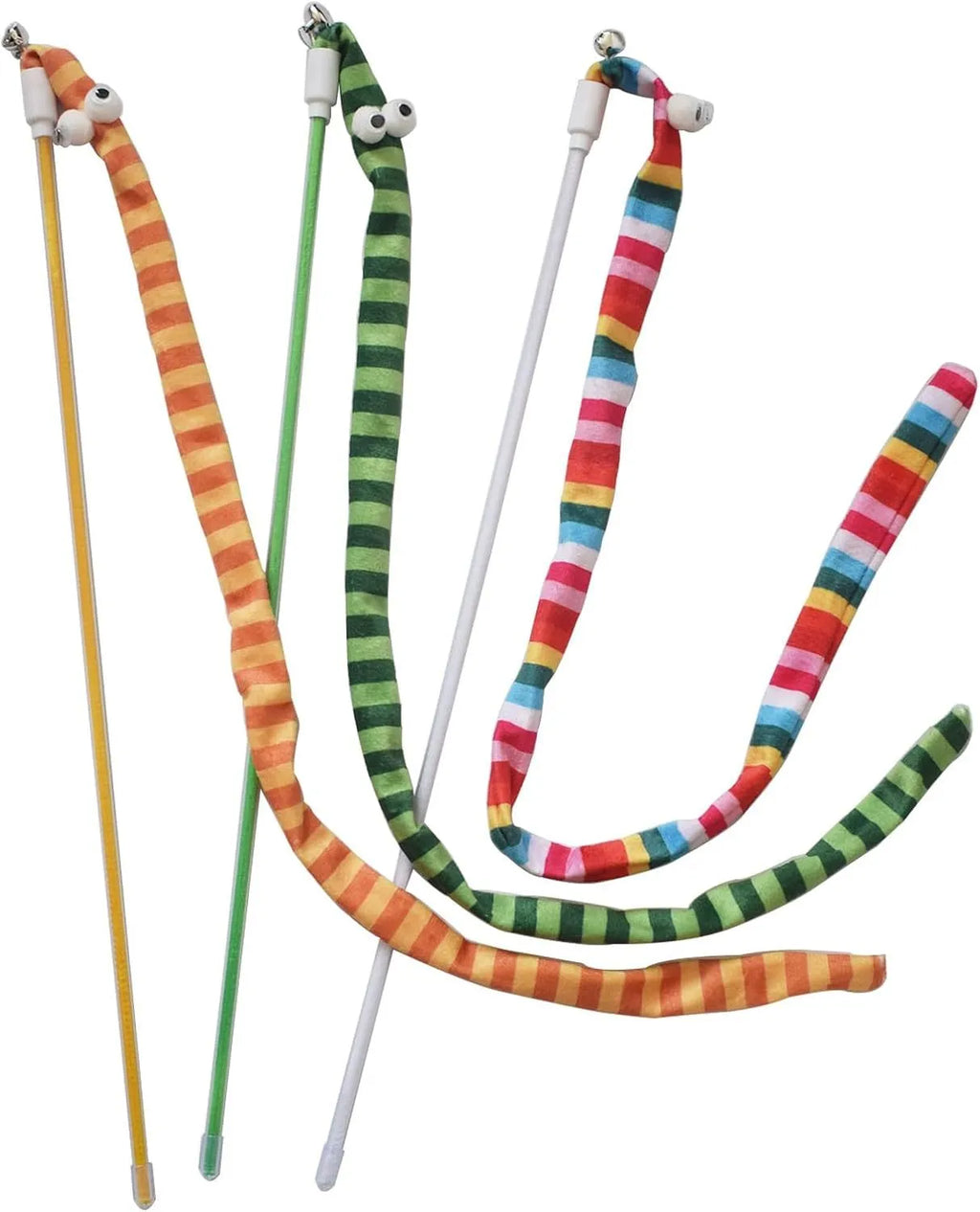 Cat wand toy with polycarbonate pole and long plush strip in green, orange, or rainbow colours